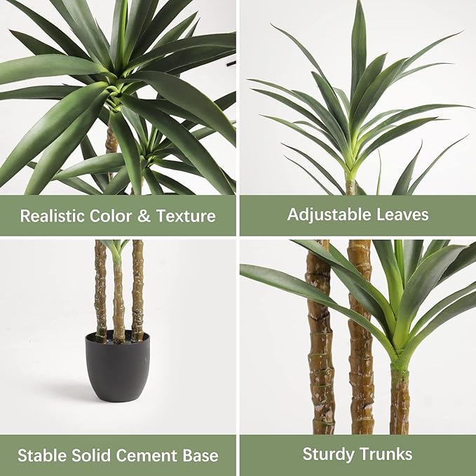 Waoops Artificial Tree 4.7Ft Faux Agave Plant with 3 Heads in Plastic Pot Fake Tree for Home Decor Indoor or Outdoor Office Decoration Housewarming Gift(4.7 Feet-1 Pack)