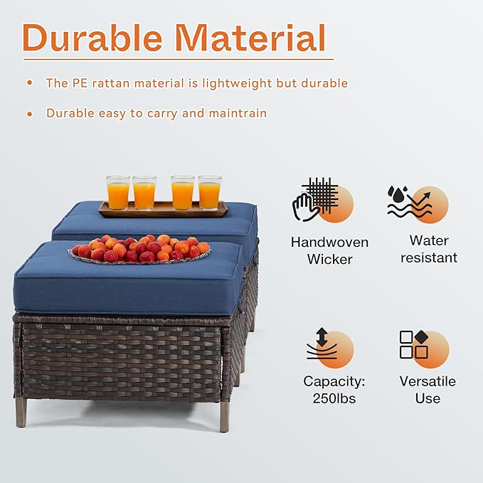 Joyside Patio Ottoman Set of 2, All Weather Outdoor Rattan Ottomans Patio Footstools with Removable Cushions for Garden Backyard Porch (Beige)