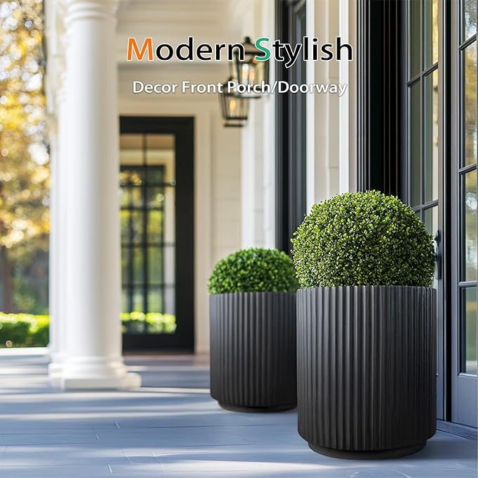 Heyzier Round Concrete Planter Outdoor Indoor, Large Cement Plant Pots for Flowers (Vertical Black, 16 inch)