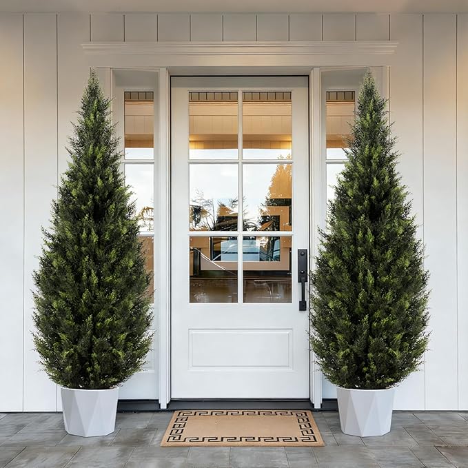 ZEEOZE 6FT Artificial Cedar Topiary Trees (1 Pack) - UV Resistant Faux Evergreen Shrubs Extra Dense Foliage Realistic Fake Pine Cypress Plants Easy Assembly for Front Porch Garden Indoor Office Decor