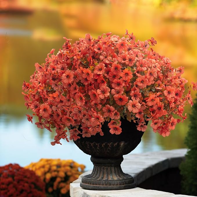 Grunyia Fall Outdoor Artificial Flowers 16 Bundles - UV Resistant Faux Daisy with Eucalyptus Leaves, Weatherproof Fake Plants for Porch, Patio, Garden Decor, Indoor Outdoor Decor (Fall Orange Red)