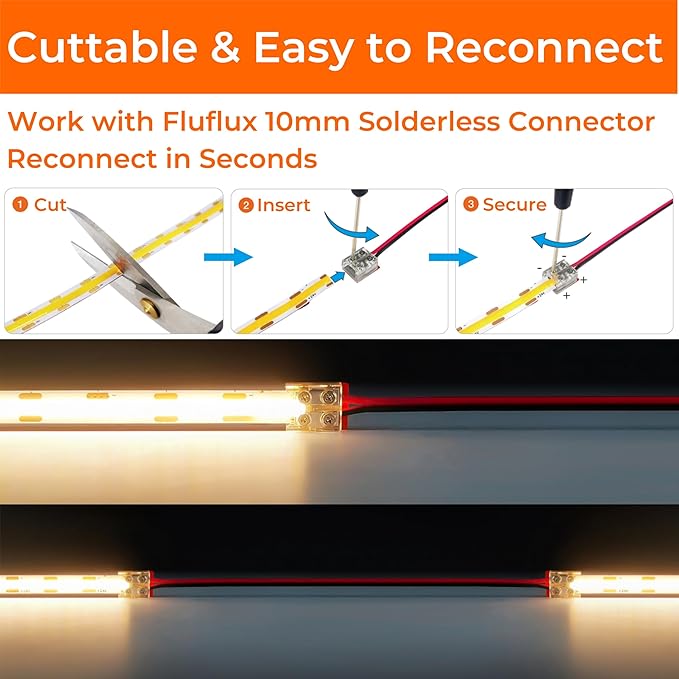 FluFlux COB LED Strip Lights 3000K Warm White, 24Volt Diffused LED Tape Light with Heavy Duty 3M VHB Adhesive, CRI 95, UL Listed, Dimmable, 5W/FT for Kitchen, Cabinet (NO Power Supply)