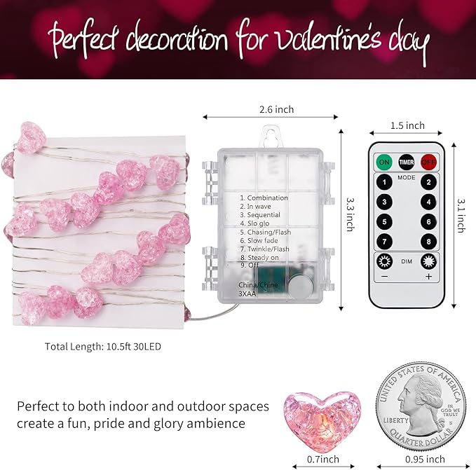 Valentine’s Day Fairy String Lights - 10.5 ft 30 LED Pink Heart Battery Operated Fairy Lights with Timer and Remote, Twinkle Heart Lights for Wedding DIY Indoor Christmas Gift Valentine's Day