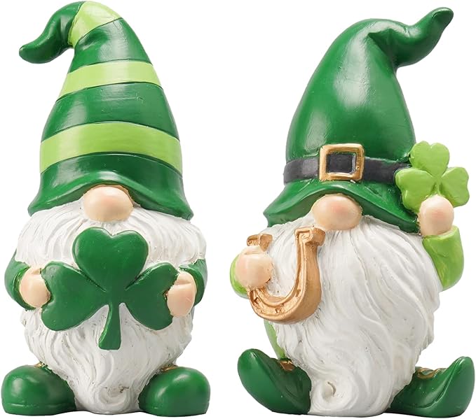 Newman House Studio St Patricks Day Decorations Gnome Décor - 2Pc Resin Gnome Figurines with Green Shamrock Horseshoe Modern Farmhouse Décor for Tabletop Home Décor