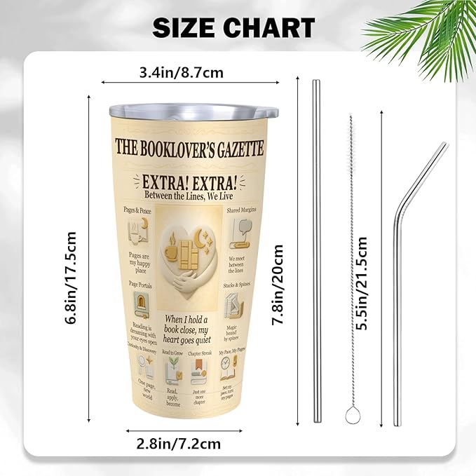 Book Lover Reading Tumbler 20 oz - Vintage Newspaper Reading Cup, Stainless Steel Double-Wall Vacuum Insulated, Lid & Straw, Car-Cup-Holder Fit, Cozy Gift for Readers, Book Club, Librarian, Teacher