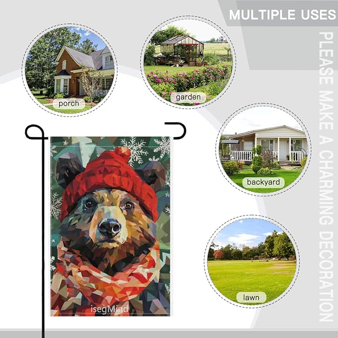 Bear with Red Scarf and Hat Snowflake Christmas Garden Flag, 28x40 Inch Double Sided Linen Holiday Red Winter Farmhouse Yard Outdoor Decoration (4322)