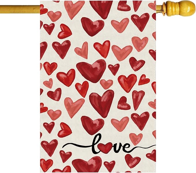 Valentine’s Day Watercolor Red Love Hearts House Flag Big Large Burlap 28X40 Inch Vertical Double Sided Outside Yard Holiday Outdoor Farmhouse Decoration