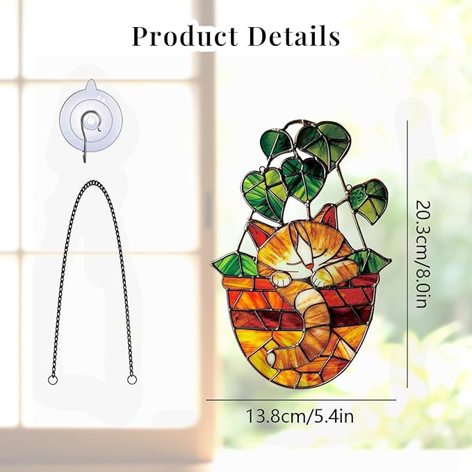 Acrylic Hanging Cat in Flowerpot for Window Doors Home Decoration，Sun Catchers for Windows Hanging，Valentine's Day Mother's Day Birthday Gifts (TYU737)