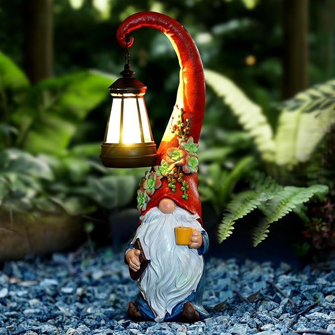 Roundot Coffee Gnome Garden Decor Statue Solar-Powered Gnome Ornament Lantern-Lit Courtyard Decoration Birthday Gift for Mom on The Patio