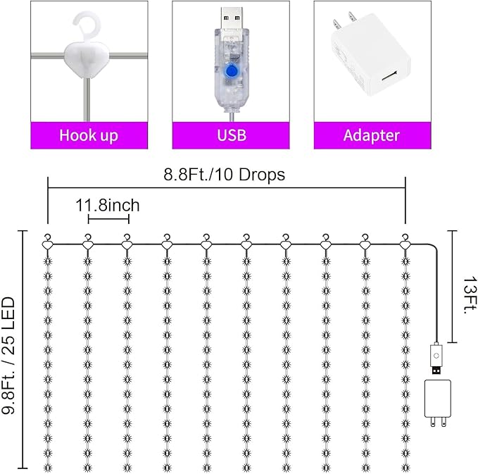 16 Colors Changing Curtain Lights - 250 LED 9.8 X 8.8 FT Fairy String, USB Powered, 7 Modes Twinkle with Remote, Backdrop Wall Hanging Dripping for Bedroom Backyard Christmas Halloween Decor
