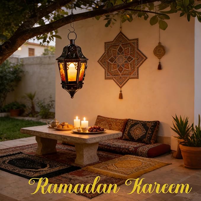 DECORKEY Ramadan Lantern Decorative Indoor & Outdoor, 13.6’’ Vintage Decorative Hanging Lanterns with Chian for Home Porch Patio Decor, Metal Christmas Moroccan Candle Holder Decorations (Amber)