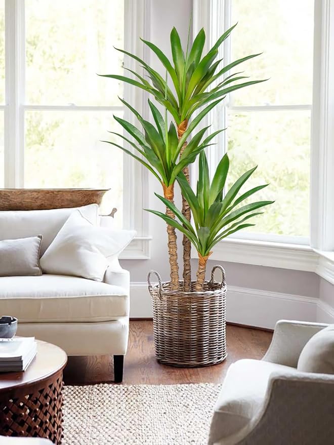 Artificial Tree Indoor 5.57Ft Faux Agave Plant Tree Fake Tropical Yucca Tree with 3 Heads in Pot Fake Dracaena Plants Potted Palm Tree Floor Plant Home Decor Modern Office Decoration Housewarming Gift