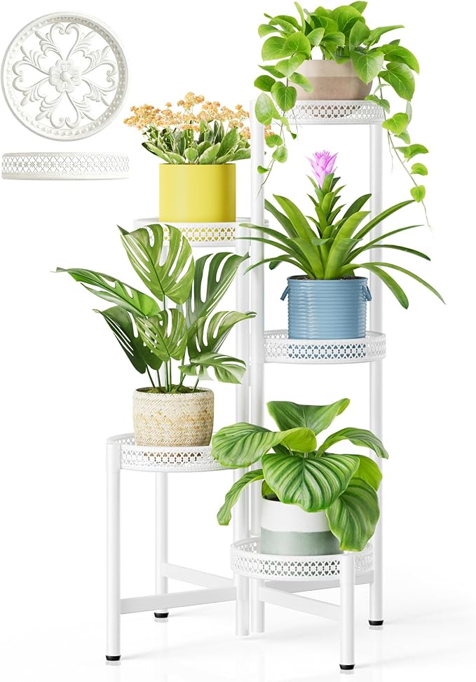 NQW Metal Plant Stand Indoor Outdoor, 5 Tier Tall Flower Pot Holder Potted Display Rack Shelf, Heavy Duty Corner Plant Shelf for Patio Garden Balcony Living Room Bedroom - WhiteWave