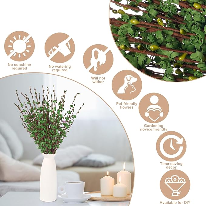 10 Pcs Long Stem Artificial Jasmine Flowers Fake Flower Dry Branches for Home Office DIY Floral Art Plant Wedding Living Room St Patrick's Day Table Centerpieces Vase Decoration