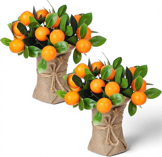 2 Pack Artificial Orange Potted Plants 9.45 Inches Fake Orange Tree Simulation Realistic Fruit Plant with Pot Faux Tree Indoor Decoration for Home Office Living Room Table Desk