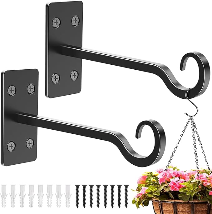 HOBITSTARX Heavy Duty Plant Hangers Outdoor- Hand-Forged Hanging Plant Brackets - 2 Pack 12 Inch Black Wrought Iron Wall Plant Hooks for Hanging Plants, Lanterns, Bird Feeders