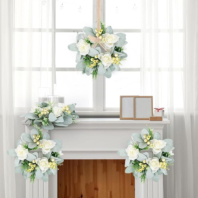 6 Pcs Wedding Rose Candle Rings Swag Wreath Artificial Floral Wreaths with Lamb Leaf Flower Candle Rings Candleholders Garland for Pillar Centerpiece Party Table Wall Window Farmhouse Decor