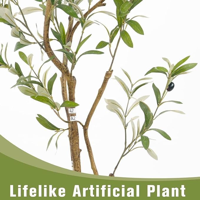 Artificial Fake Olive Tree 4FT Tall 1Pack with White Planter Faux Silk Olive Tree for Home Living Room Office Decor Faux Artificial Plants Indoor with Fruit & Free Moss