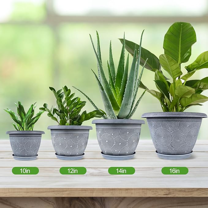 Fodetyff 10 Inch Flower Pots Planters for Indoor Outdoor Plants, 3 Pack Plastic Large Plant Pots with Drainage Hole & Tray, Modern Decorative Garden Pot with Saucer, Plant Container for House