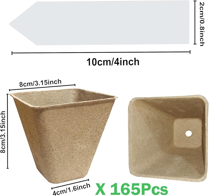 Doubleggs 165-Pack 3.15 inch Square Peat Pots for Seedlings with 100 Labels, Biodegradable Nursery Pots withDrainage Holes for Plants