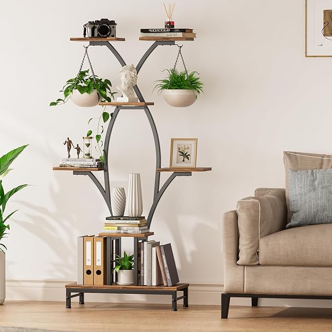 VOZZYOTO Plant Stand Indoor with Grow Lights - 7 Tiered Metal Corner Shelf for Multiple Plants, 63" Corner Plant Stand for Indoor Plants, X-Shaped Plant Rack for Home, Living Room, Office & Patio Decor