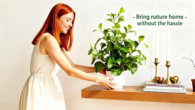 Ewtogift 19'' Artificial Ficus Plant in White Textured Ceramic Pot Realistic Faux Greenery with Lifelike Leaves Fake Plants for Indoor Home Office Bathroom Shelf Desk Tabletop Decor