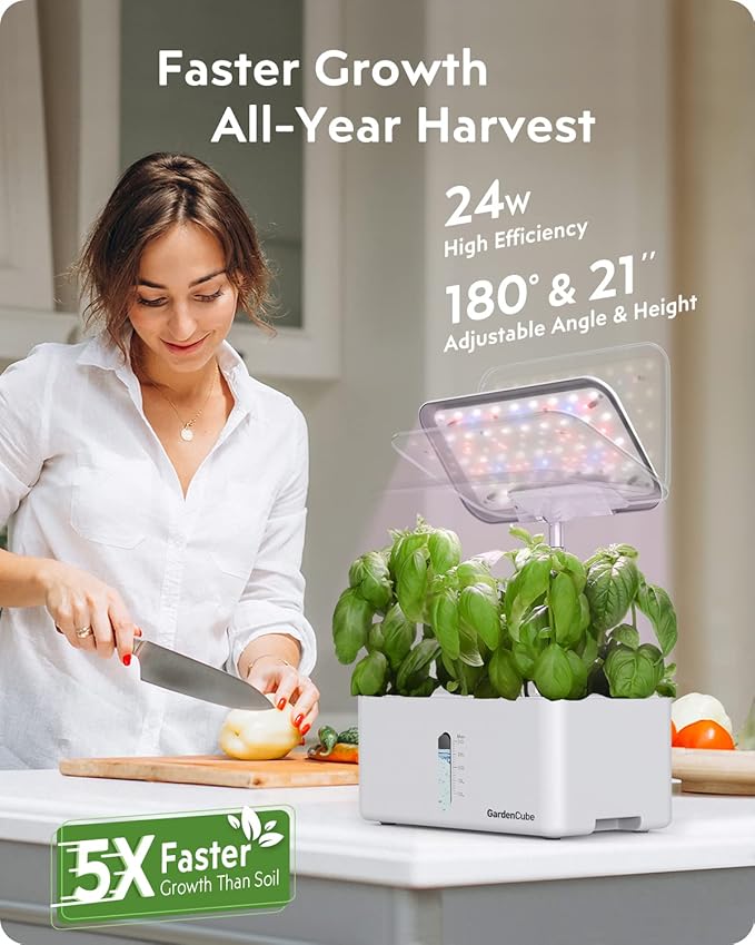 GARDENCUBE Hydroponics Growing System Kit: 8 Pods Indoor Herb Garden with LED Grow Light Quiet Smart Pump Automatic Timer Plants Germination Kit Height Adjustable - Gardening Gifts for Women Men