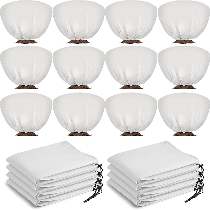 Wesnoy 12 Pcs Winter Plant Covers Freeze Protection 39.4x23.6 Inch Horizontal Shrub Tree Rose Plant Protection Bags Frost Blanket with Drawstring for Fall Winter Outdoor Garden Planting (White)