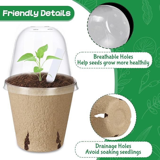 Aulock 36 Sets Plant Nursery Pots with Humidity Dome - 3in Seed Starting Pots, Round Peat Pots with 100 Labels for Garden Flowers Herbs Vegetables Seedlings