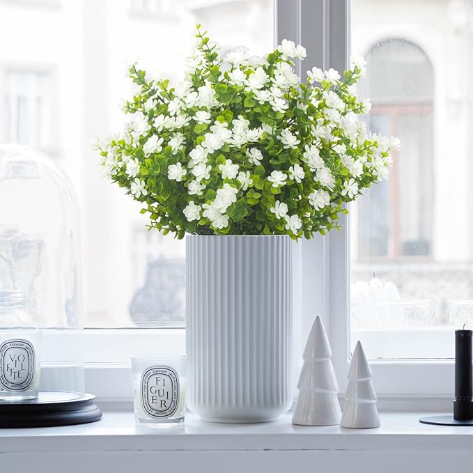 Grunyia 20 Bundles Artificial Flowers UV Resistant Fake Flowers No Fade Faux Plants Garden Porch Window Box Decorating (White)