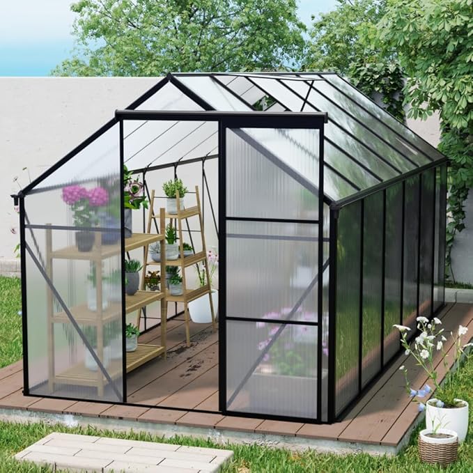 6x12 FT Polycarbonate Greenhouse Raised Base and Anchor Aluminum Heavy Duty Walk-in Greenhouses for Outdoor Backyard in All Season Black