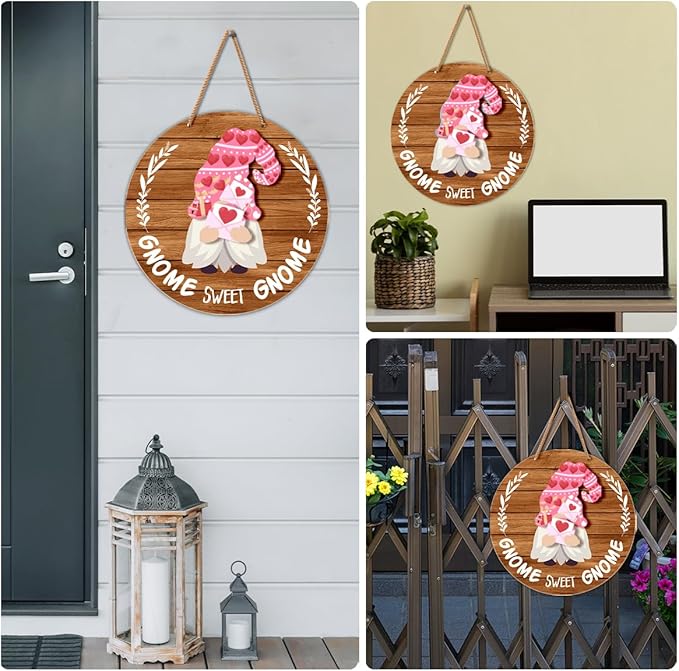 Interchangeable Gnome Welcome Sign Valentine's Day Door Decorations, Changeable Seasonal Front Porch Decor Wood Wreath Gnomes Gifts for Spring Summer Fall Winter All Seasons Holiday, Light Brown