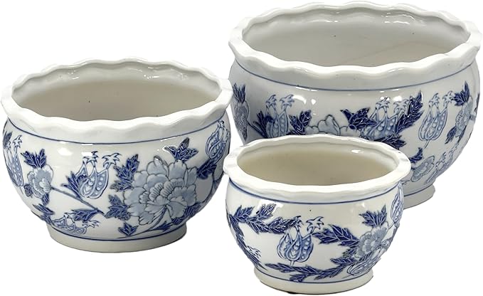 Galt International Blue & White Round Floral Porcelain Ceramic Plant Flower Planter Pot Set of 3 (8", 10", 12") Garden Pots Chinese Asian Design