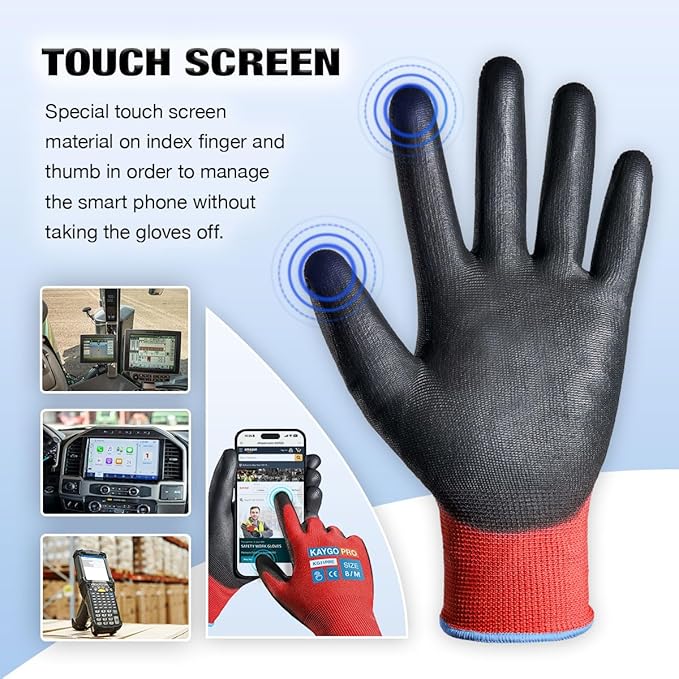 KAYGO Safety Work Gloves PU Coated for Men and Women- KG11P,12 Pairs,Seamless Knit Glove with Two Fingers Touchscreen,Ideal for General Duty Work (Red,M)