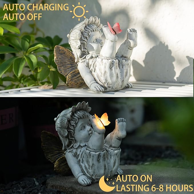Fairies for Fairy Garden Solar Decor - Fairy Figurines Resin Outdoor Statues Ornaments with Light up Butterfly for Patio,Lawn,Yard,Porch,Outside Angel Gifts