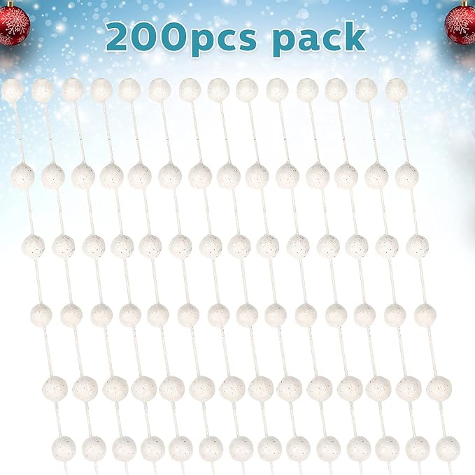 Syhood 200 Pcs Glitter Berry Stems, 13.8 Inches Christmas Berry Picks Holly Branches for Christmas Tree Decorations, Holiday Ornaments Home Decor and DIY Crafts(White)
