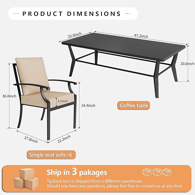 7-Piece Patio Furniture Set, Outdoor Furniture with All-Iron Rectangular Coffee Table and 6 Chairs with Thick Cushions, Metal Patio Table and Chairs Set for lawns, Patios and Backyards,Sand