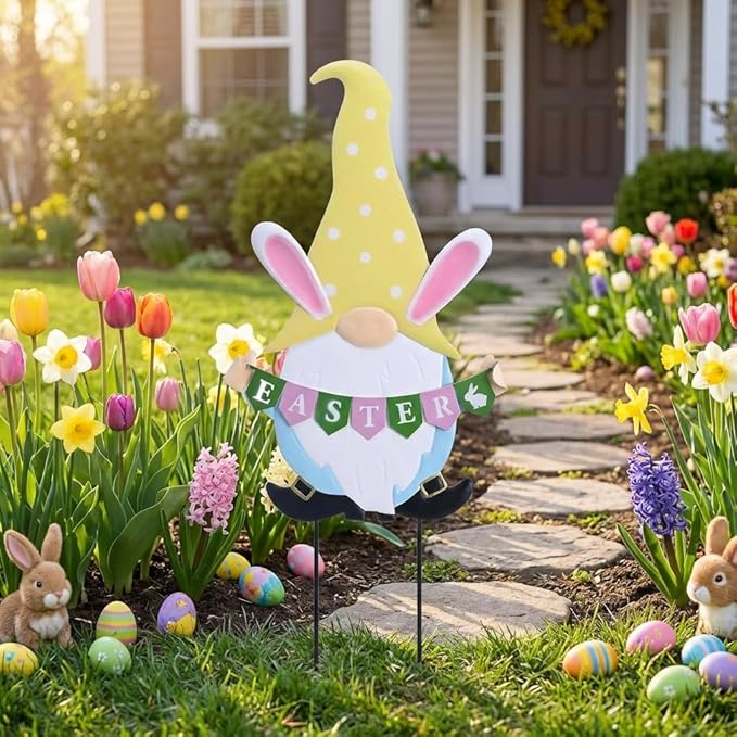 TERESA'S COLLECTIONS Easter Decorations Outdoor for Home, Metal Garden Gnomes Decor Yard Stakes, Pink & Blue Egg Rabbit Garden Stakes Gifts, Welcome Yard Signs for Outside Lawn Porch Patio, 27"