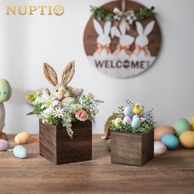 NUPTIO Wooden Box for Centerpiece Wedding: 6 Pcs Rustic Square Planter Box for Christmas Table Fall Decorations - 4×4" & 5×5" Small Wood Vases Flower Pots for Windowsill Home Garden Decor