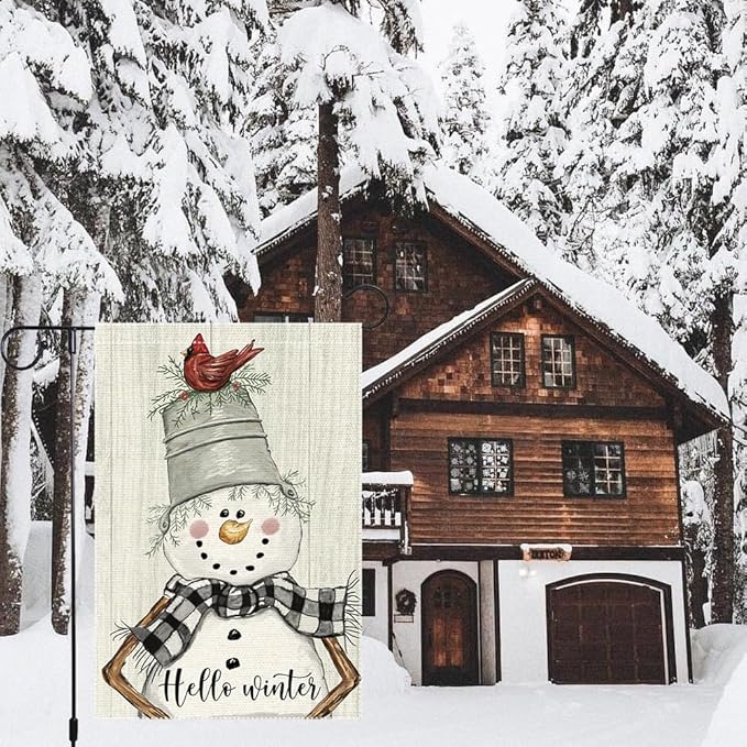 Snowman Cardinal Hello Winter Garden Flag 12x18 Inch Double Sided, Winter Holiday Yard Outdoor Flag