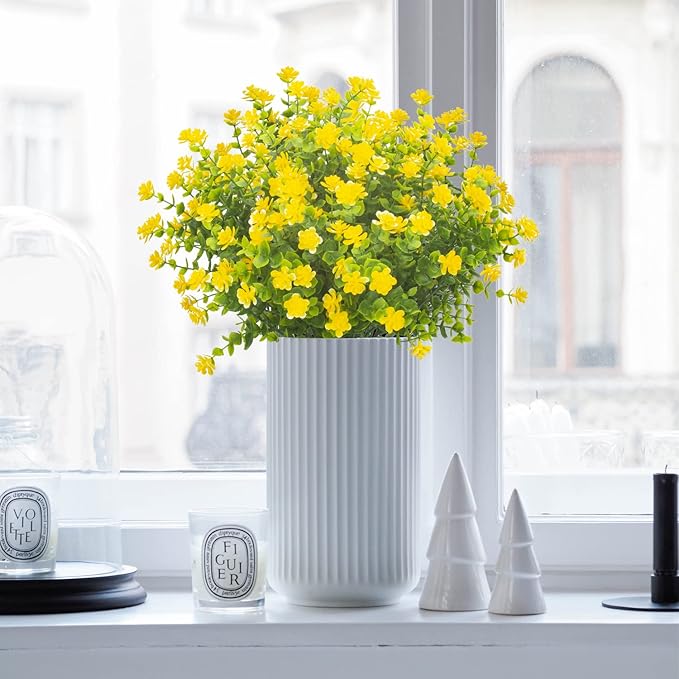 Grunyia 20 Bundles Artificial Flowers UV Resistant Fake Flowers No Fade Faux Plants Garden Porch Window Box Decorating (Yellow)