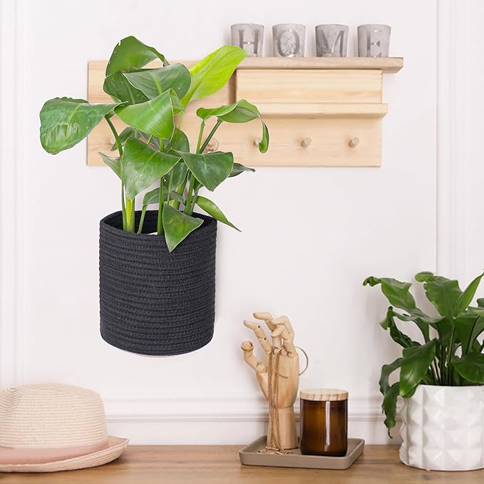 2 Pack Hanging Basket, Small Wall Baskets for Organizing, Wicker Boho Wall Decor Set, Indoor Hanging Plant Holder, Rattan Woven Storage Bin for Home Decor, Farmhouse Storage Box, Black