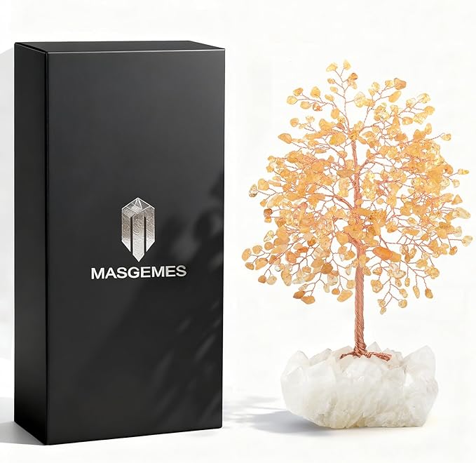MASGEMES Gemstone Crystal Tree of Life,Natural Citrine with Row Clear Quartz Base,Chakra Healing Crystals Positive Energy Fengshui Decor Bonsai Money Tree,Home Decor Gift Height 8.5-9 Inches