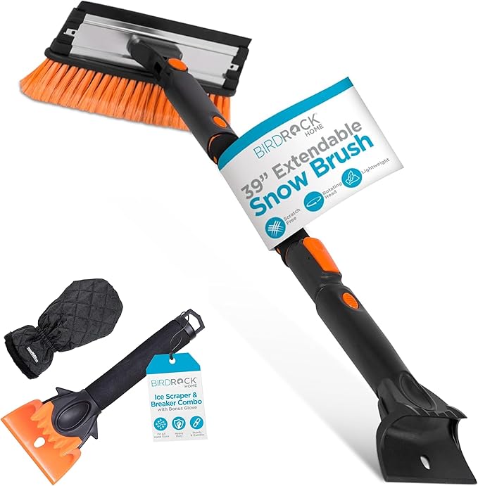 39" Extendable Snow Brush & Ice Scraper with Glove | 11" Wide Squeegee & Bristle Head | Lightweight Aluminum Body with Ergonomic Grip | No Scratch Winter Cleaning Tool for Cars & SUVs