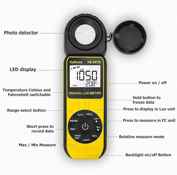 Kethvoz KE-881D Digital Illuminance - 0.1~400,000 Lux Range Light Meter, Foot Candle Tester for Photography, LED Grow Lights, Aquarium, Indoor Lighting Measurement