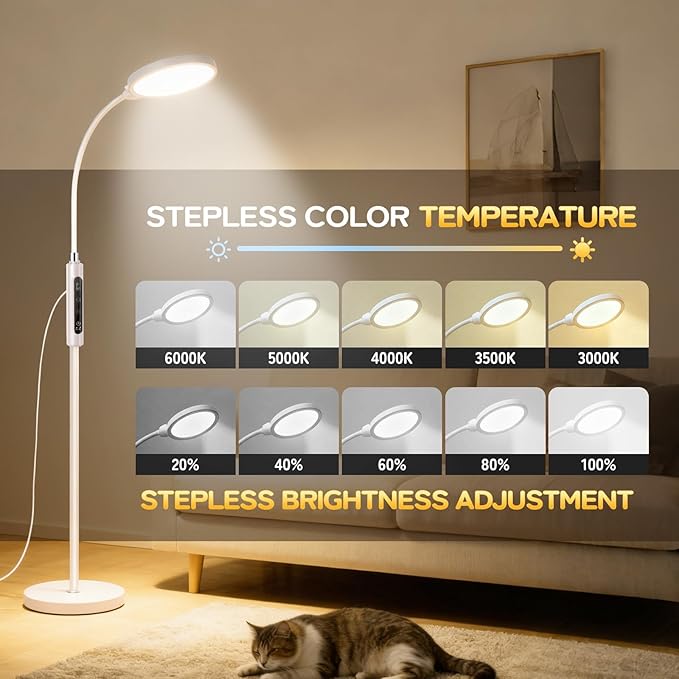Light Therapy Lamp, 11000 Lux UV-Free Floor Lamp, Full Spectrum LED Sunlight with Touch Remote Control, Adjustable 7 Color Temperatures 9 Brightness Levels for Office Living Room Reading White