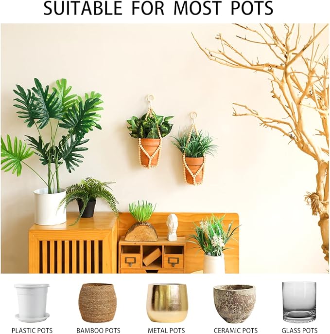 Artilady 2 Pack Beaded Plant Hanger Indoor - Macrame Hanging Planters for Plants Holder No Tassels with Wooden Beads Boho Farmhouse Rustic Home Decor (Wood Color Bead)