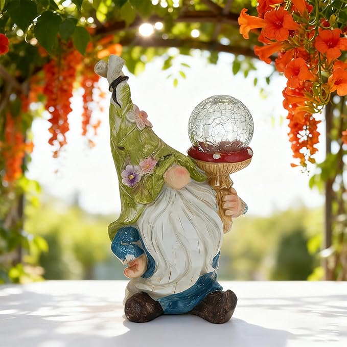 SAMPU CRAFT Garden Gnome Solar Light Statue - Outdoor Decorative Figurine with Crackle Glass Globe, Blue & White Floral Design, Waterproof LED Yard Art for Patio, Lawn, Garden, Porch