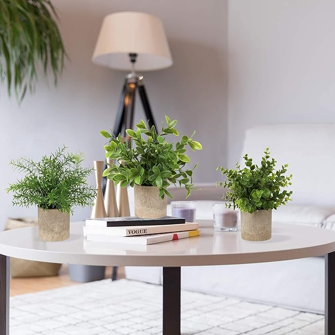 Briful Artificial Potted Plants Set of 3 Small Faux Plant Eucalyptus Mini Fake Plant Decor for Home Table Office Room Desk Bathroom Shelf Kitchen Rustic Farmhouse Mantel Decoration