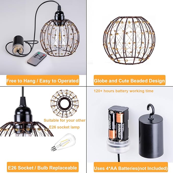 Hanging Pendant Lights, Battery Operated Outdoor Chandelier with Warm White LED Bulb for Patio Tree Pergola Gazebo Porch (Beaded Ball-ST58-3PK)